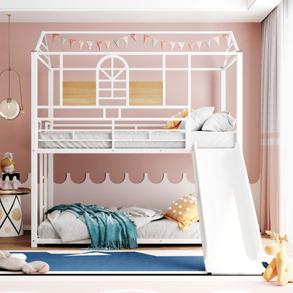Twin Over Twin Metal Bunk Bed,Metal Housebed With Slide,Three Colors Available.(White with White Slide)(OLD SKU:MF291674AAK) image 2