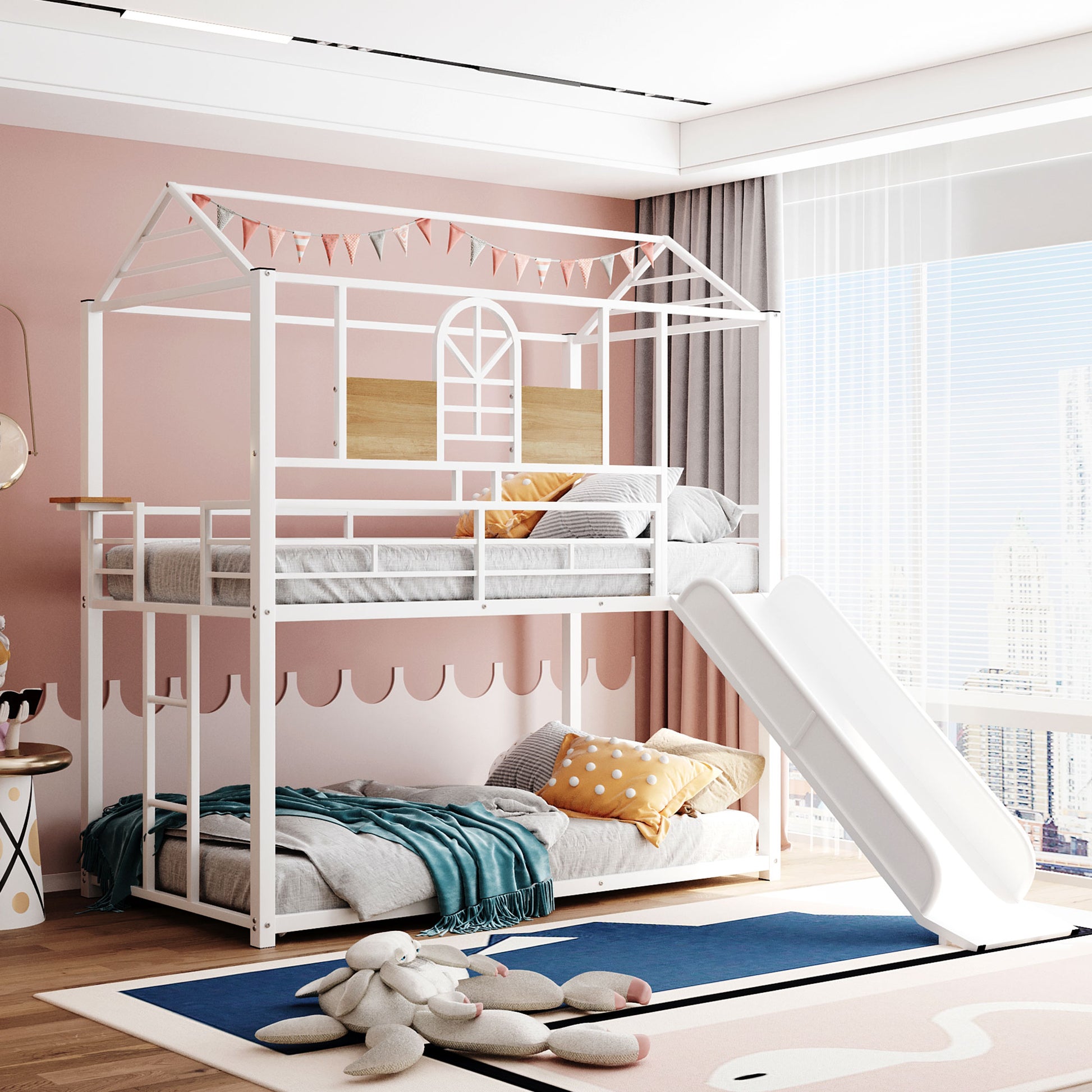Twin Over Twin Metal Bunk Bed,Metal Housebed With Slide,Three Colors Available.(White with White Slide)(OLD SKU:MF291674AAK) image 1
