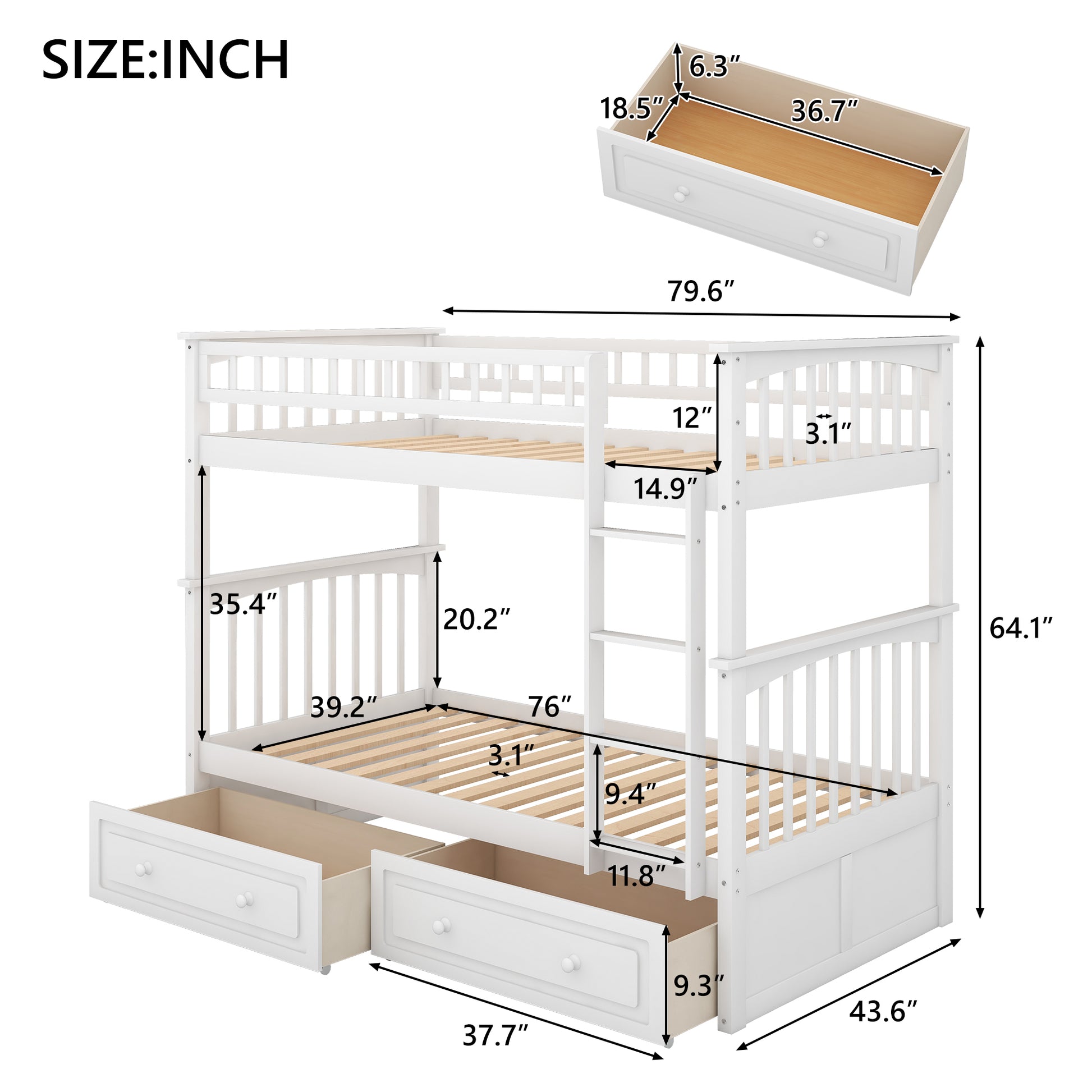 Twin over Twin Bunk Bed with Drawers, Convertible Beds, White(Old SKU: SM000240AAK-1) image 5