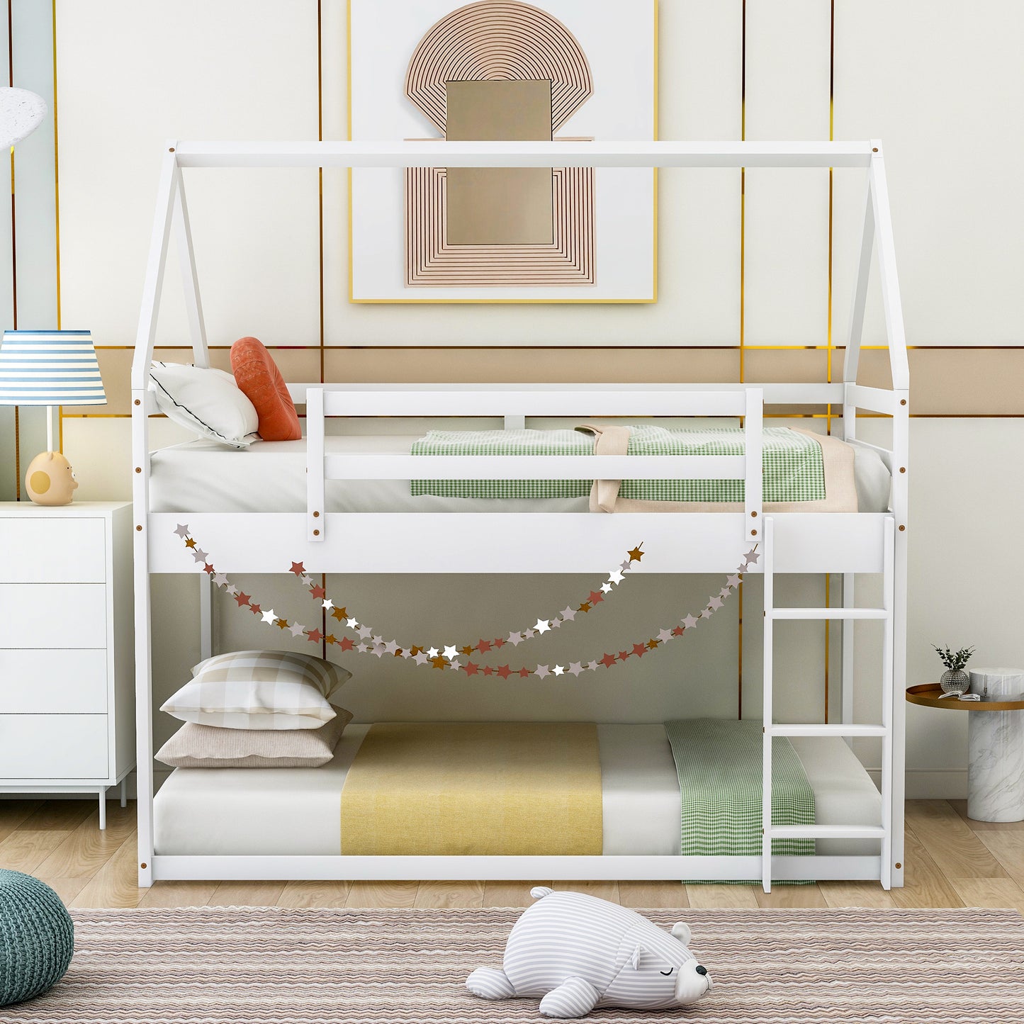 Twin over Twin Low Bunk Bed, House Bed with Ladder, White(OLD SKU:WF197808AAK) image 2