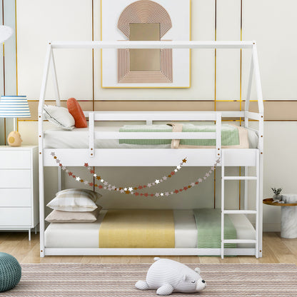 Twin over Twin Low Bunk Bed, House Bed with Ladder, White(OLD SKU:WF197808AAK) image 2