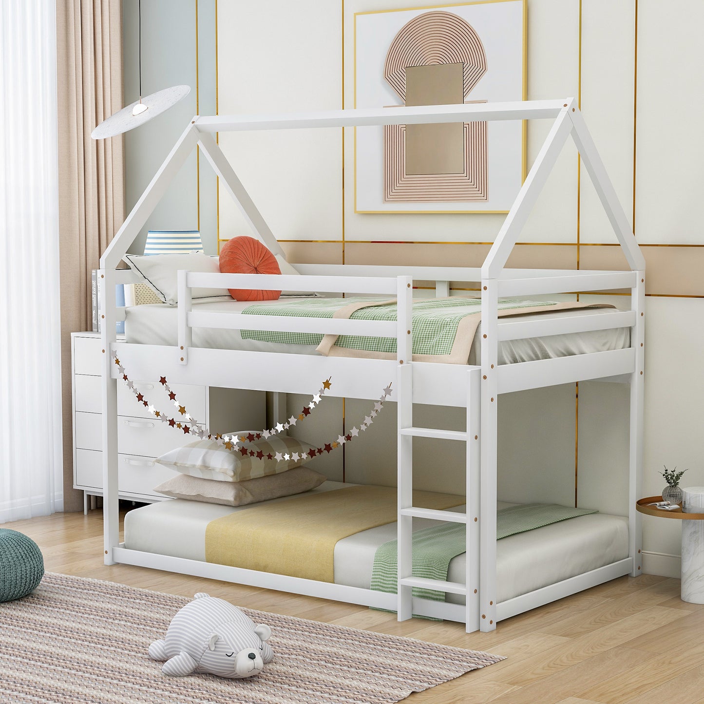Twin over Twin Low Bunk Bed, House Bed with Ladder, White(OLD SKU:WF197808AAK) image 1