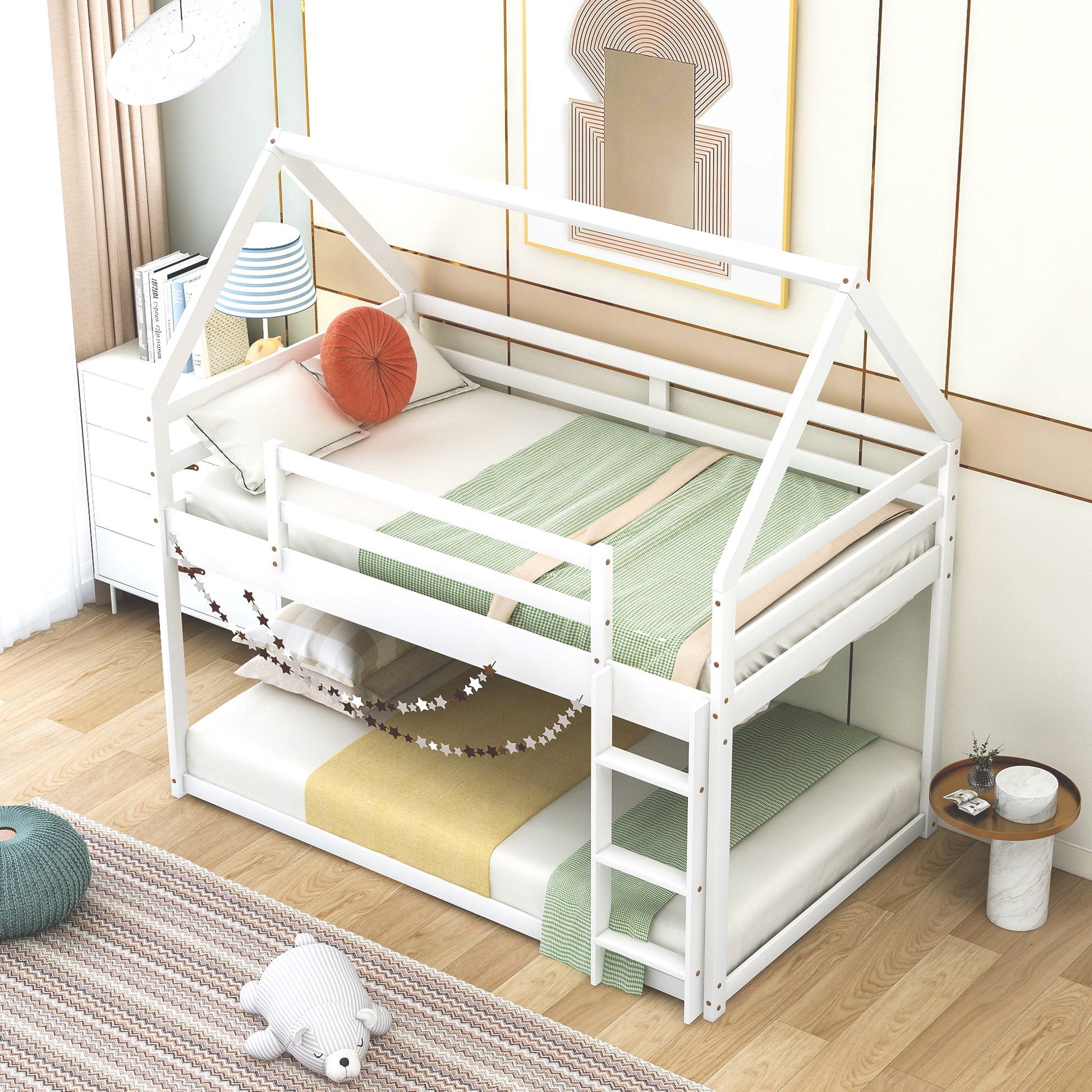 Twin over Twin Low Bunk Bed, House Bed with Ladder, White(OLD SKU:WF197808AAK) image 3