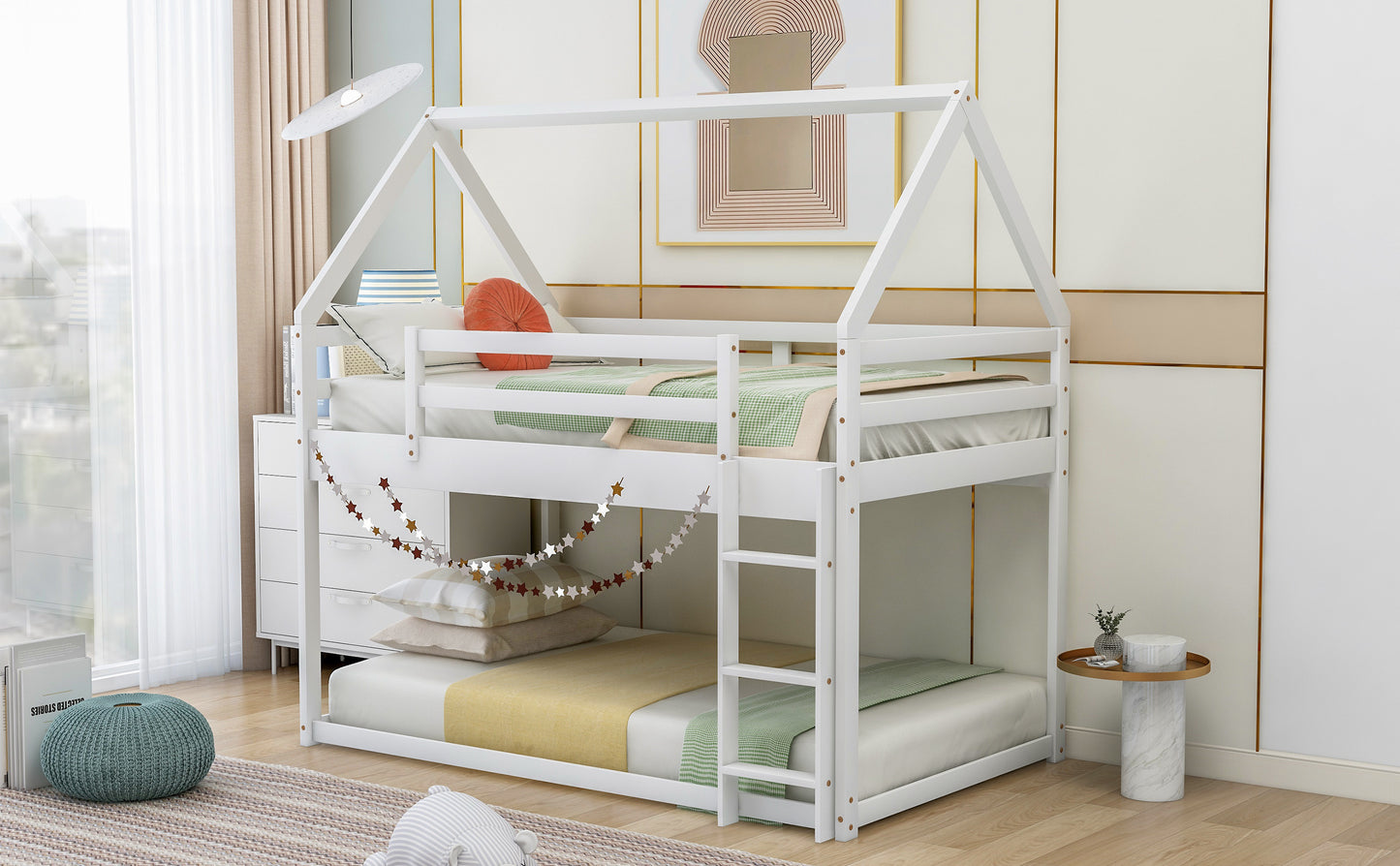 Twin over Twin Low Bunk Bed, House Bed with Ladder, White(OLD SKU:WF197808AAK) image 4