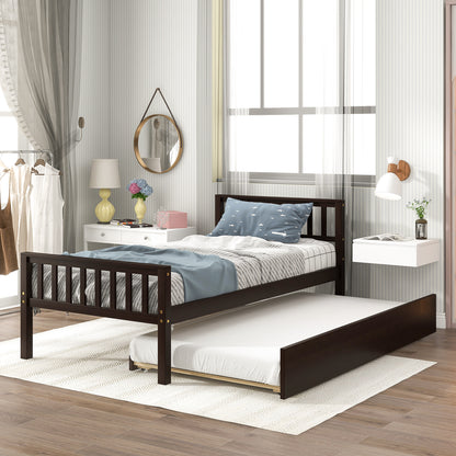 Twin Bed with Trundle, Platform Bed Frame with Headboard and Footboard, for Bedroom Small Living Space,No Box Spring Needed,Espresso image 1