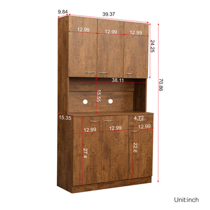 70.87" Tall Wardrobe& Kitchen Cabinet, with 6-Doors, 1-Open Shelves and 1-Drawer for bedroom,Walnut image 12