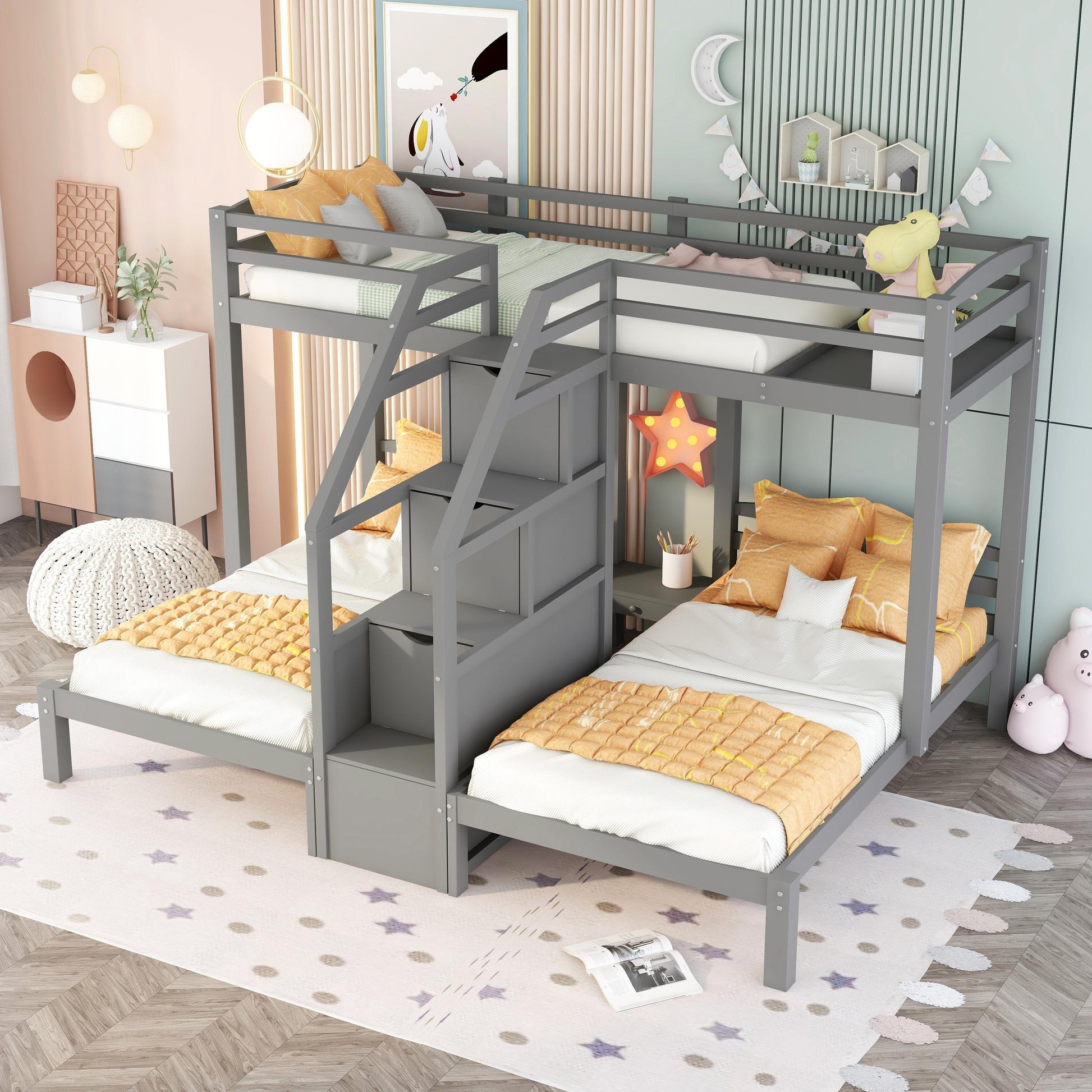 Twin over Twin & Twin Bunk Bed with Built-in Staircase and Storage Drawer,Gray image 3