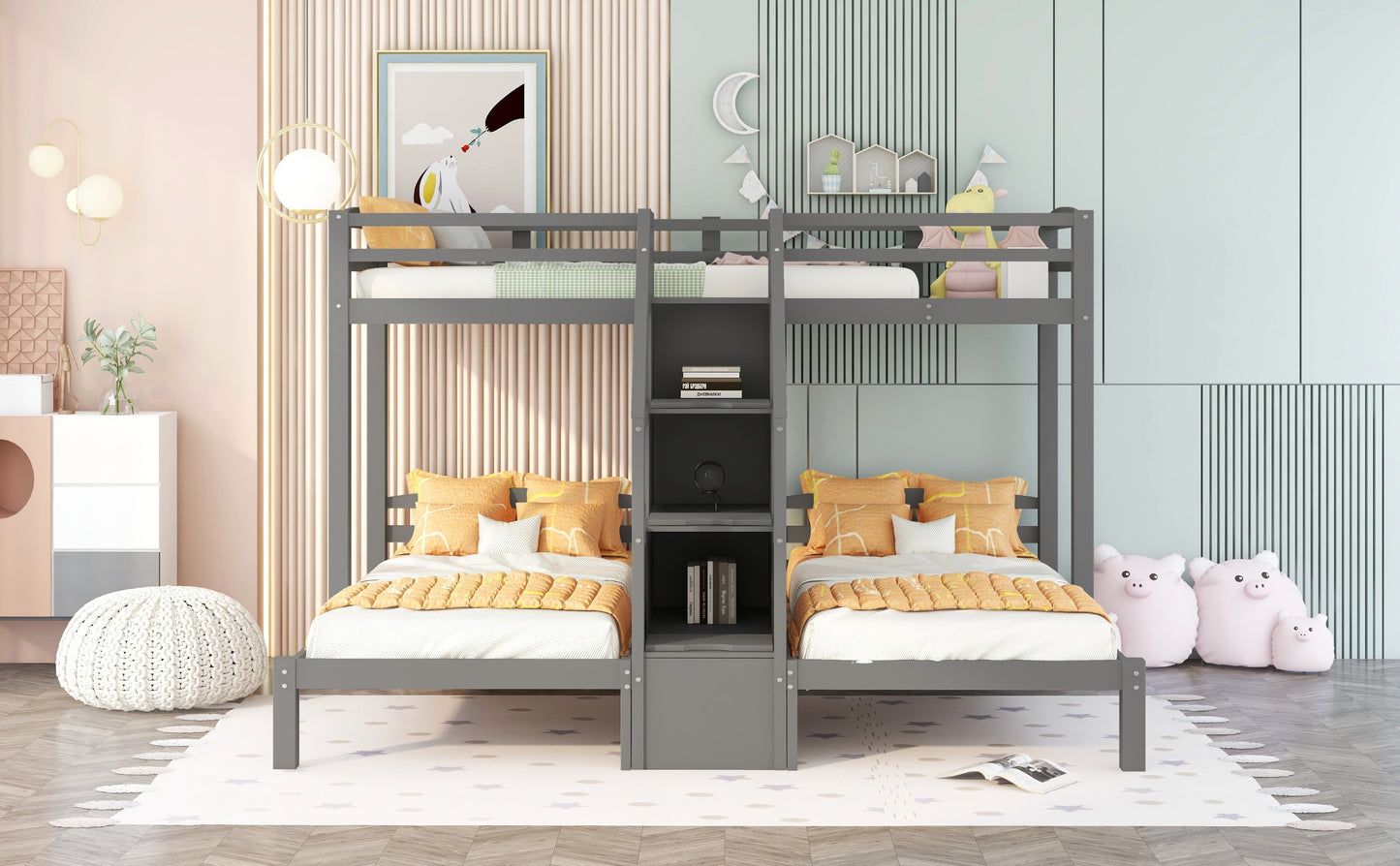 Twin over Twin & Twin Bunk Bed with Built-in Staircase and Storage Drawer,Gray image 6