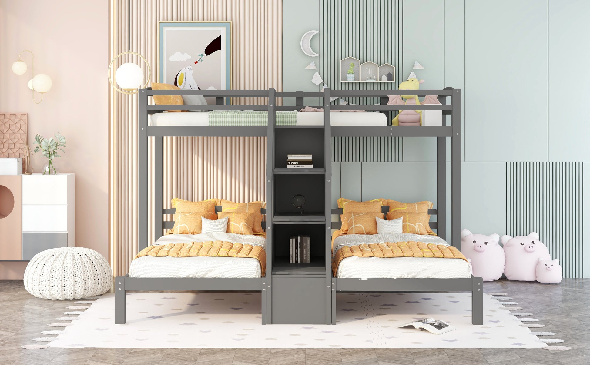 Twin over Twin & Twin Bunk Bed with Built-in Staircase and Storage Drawer,Gray image 6
