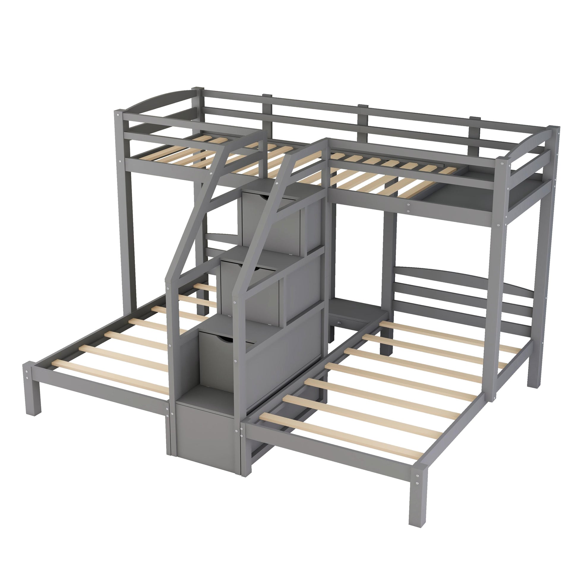 Twin over Twin & Twin Bunk Bed with Built-in Staircase and Storage Drawer,Gray image 11