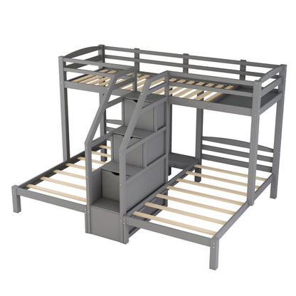 Twin over Twin & Twin Bunk Bed with Built-in Staircase and Storage Drawer,Gray image 11