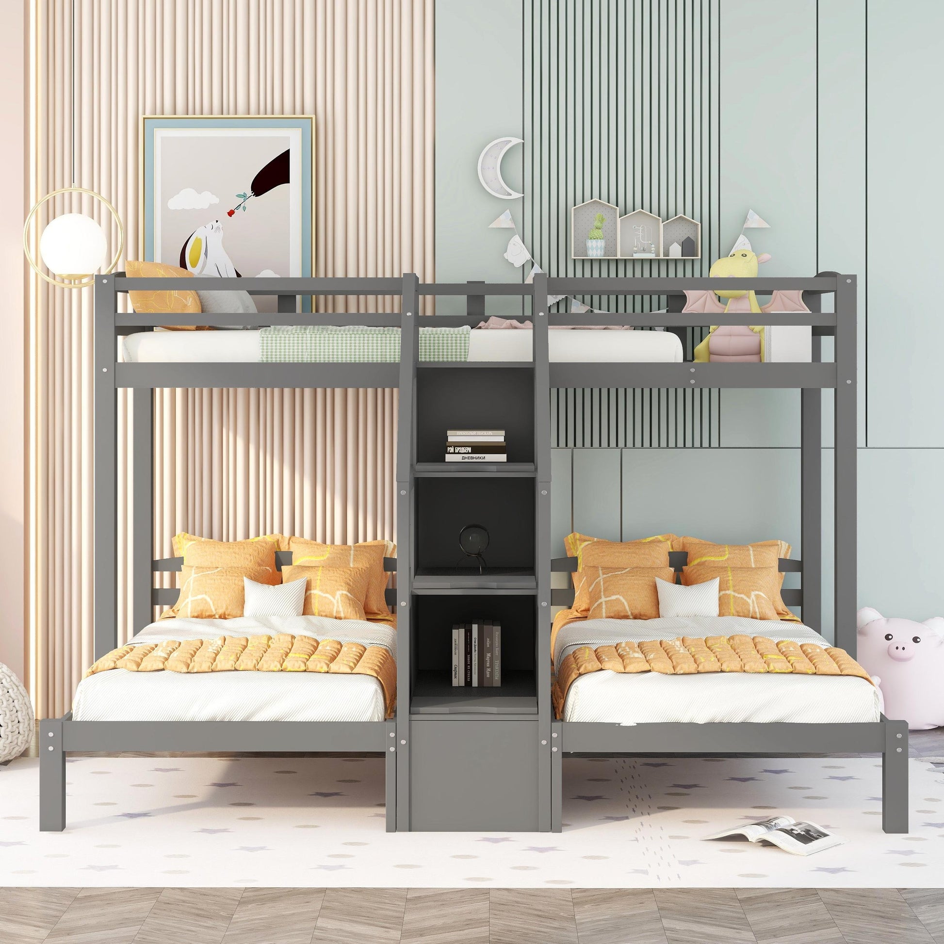 Twin over Twin & Twin Bunk Bed with Built-in Staircase and Storage Drawer,Gray image 2