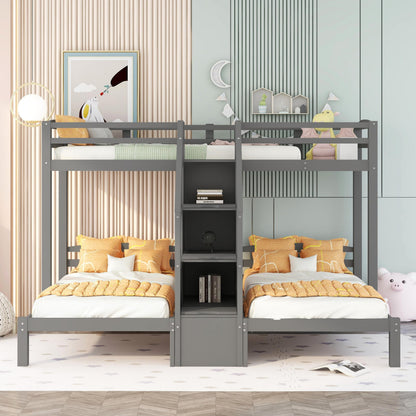 Twin over Twin & Twin Bunk Bed with Built-in Staircase and Storage Drawer,Gray image 2