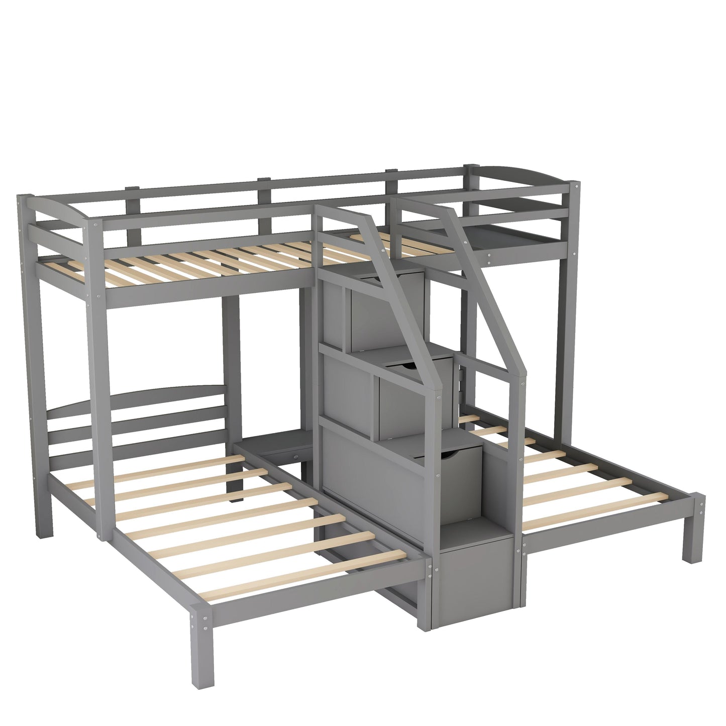 Twin over Twin & Twin Bunk Bed with Built-in Staircase and Storage Drawer,Gray image 8