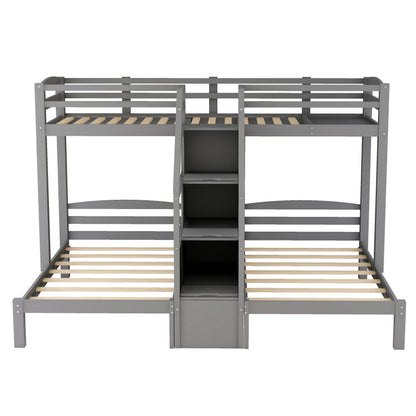 Twin over Twin & Twin Bunk Bed with Built-in Staircase and Storage Drawer,Gray image 7