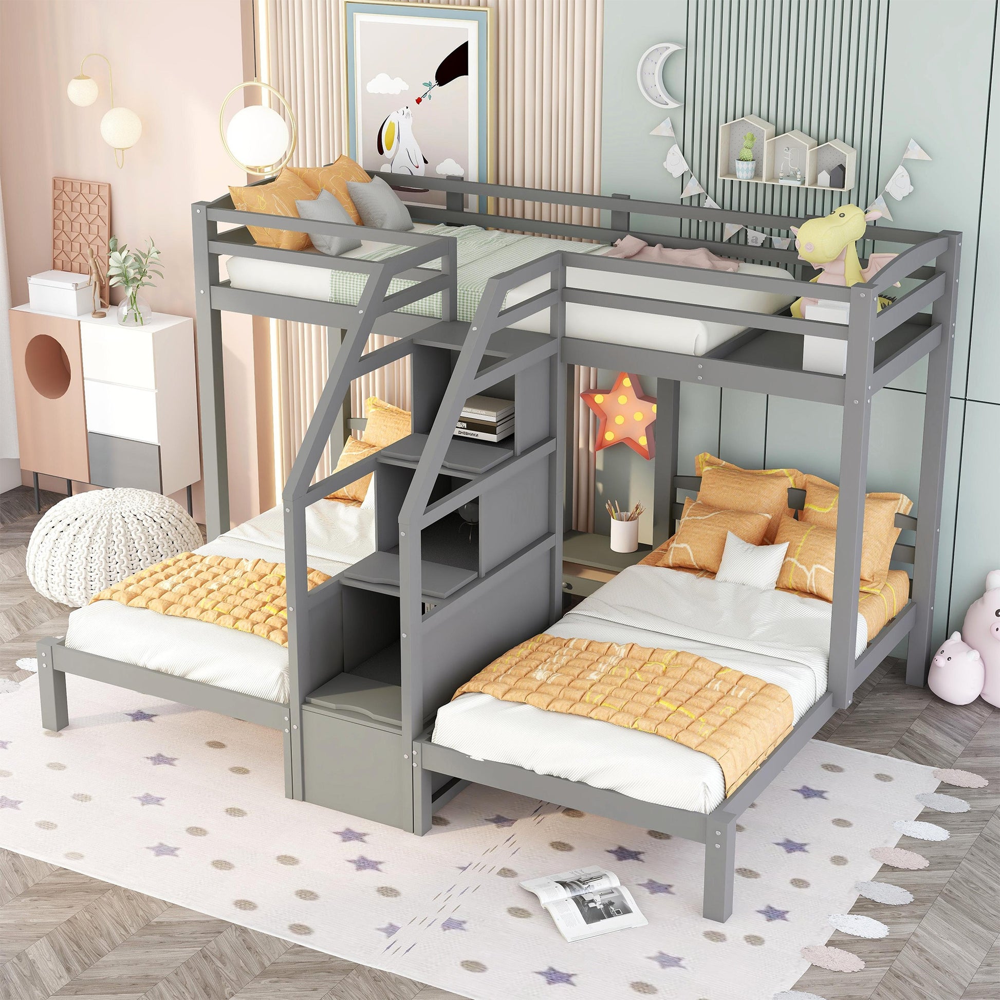 Twin over Twin & Twin Bunk Bed with Built-in Staircase and Storage Drawer,Gray image 1