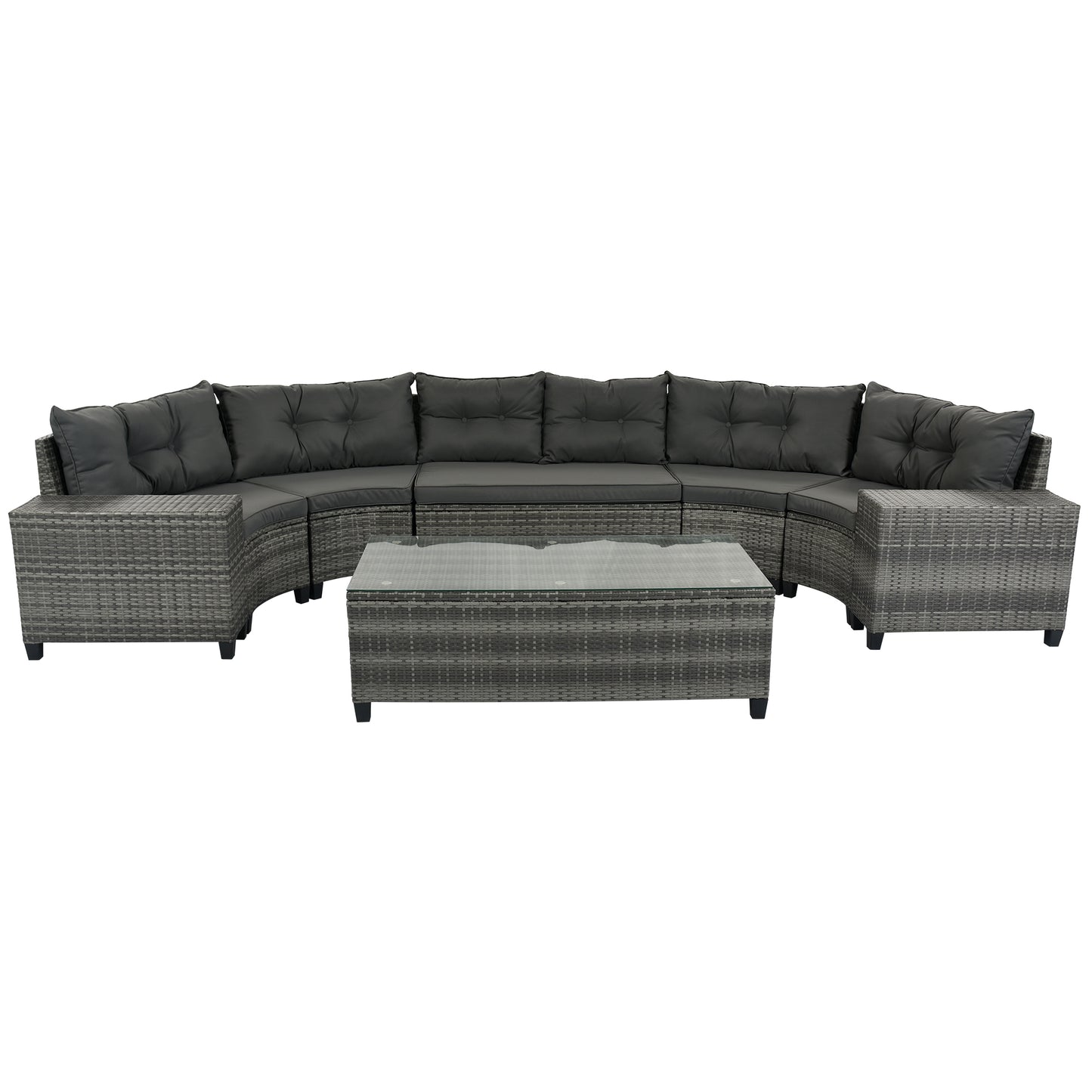 <Old SKU: FG201215AAE> 8-pieces Outdoor Wicker Round Sofa Set, Half-Moon Sectional Sets All Weather, Curved Sofa Set With Rectangular Coffee Table, PE Rattan, Movable Cushion, Gray image 8