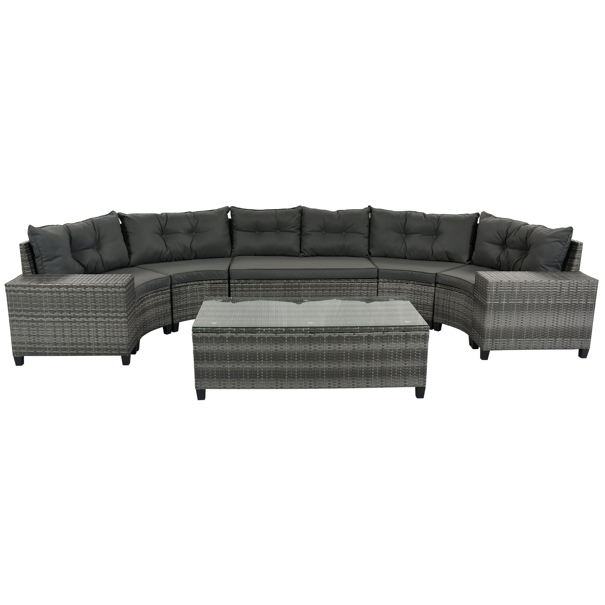 <Old SKU: FG201215AAE> 8-pieces Outdoor Wicker Round Sofa Set, Half-Moon Sectional Sets All Weather, Curved Sofa Set With Rectangular Coffee Table, PE Rattan, Movable Cushion, Gray image 8