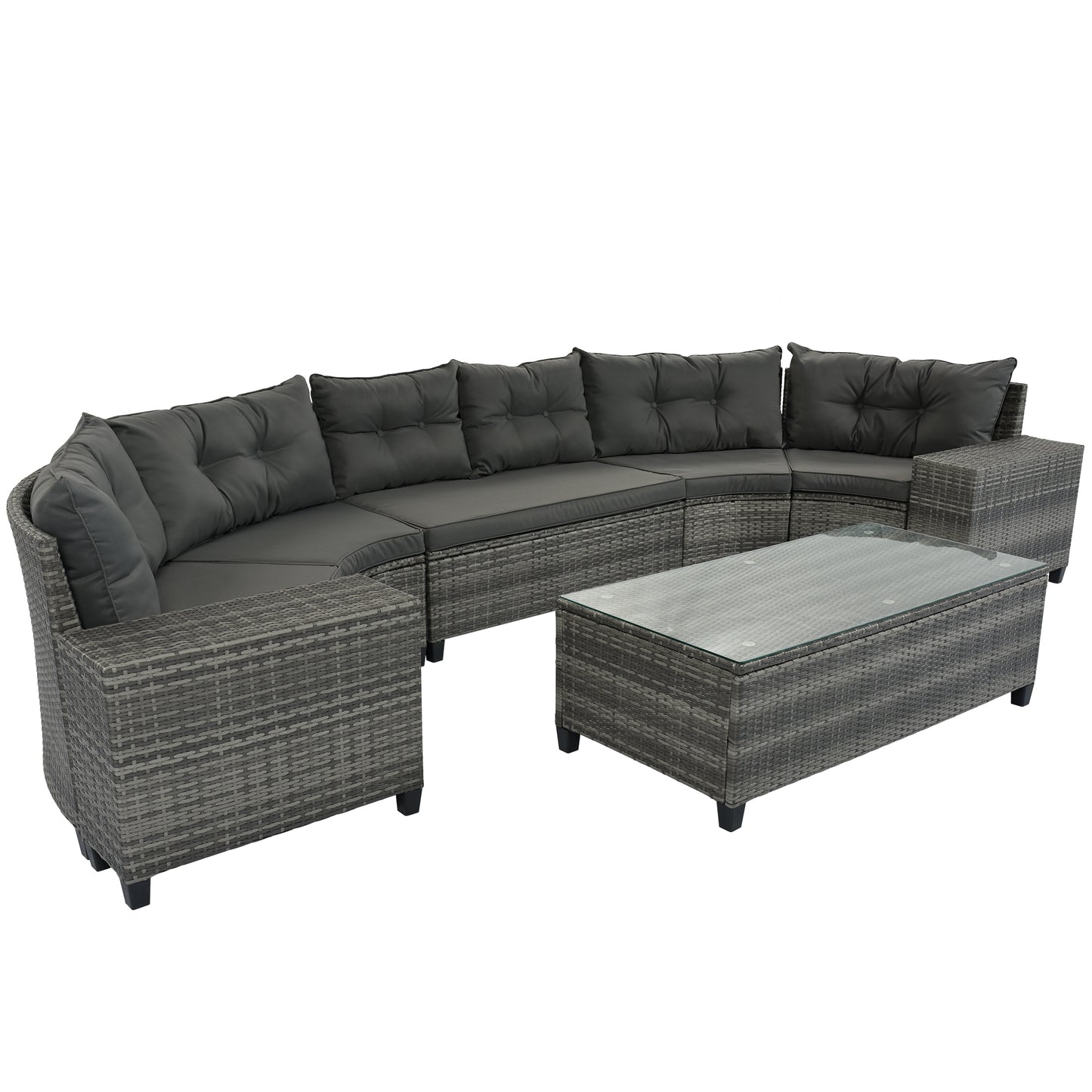 <Old SKU: FG201215AAE> 8-pieces Outdoor Wicker Round Sofa Set, Half-Moon Sectional Sets All Weather, Curved Sofa Set With Rectangular Coffee Table, PE Rattan, Movable Cushion, Gray image 9