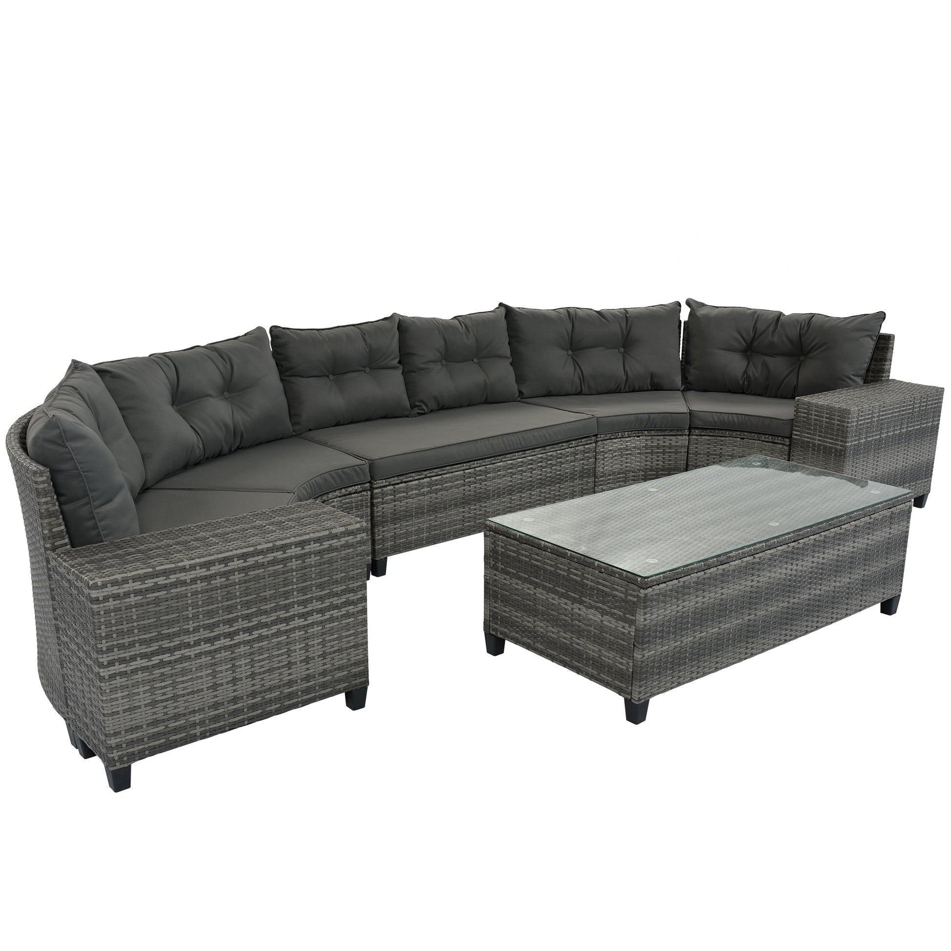 <Old SKU: FG201215AAE> 8-pieces Outdoor Wicker Round Sofa Set, Half-Moon Sectional Sets All Weather, Curved Sofa Set With Rectangular Coffee Table, PE Rattan, Movable Cushion, Gray image 9