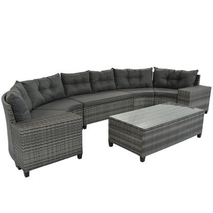 <Old SKU: FG201215AAE> 8-pieces Outdoor Wicker Round Sofa Set, Half-Moon Sectional Sets All Weather, Curved Sofa Set With Rectangular Coffee Table, PE Rattan, Movable Cushion, Gray image 9