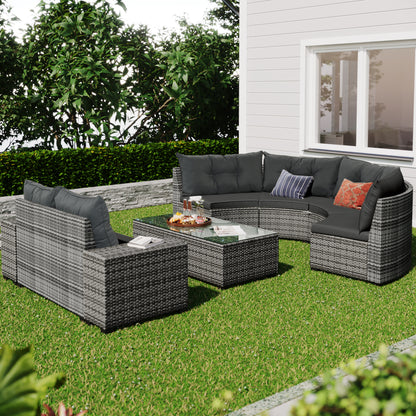 <Old SKU: FG201215AAE> 8-pieces Outdoor Wicker Round Sofa Set, Half-Moon Sectional Sets All Weather, Curved Sofa Set With Rectangular Coffee Table, PE Rattan, Movable Cushion, Gray image 3