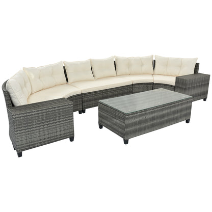 <Old SKU: FG201215AAA> 8-pieces Outdoor Wicker Round Sofa Set, Half-Moon Sectional Sets All Weather, Curved Sofa Set With Rectangular Coffee Table, PE Rattan, Movable Cushion, Beige image 10