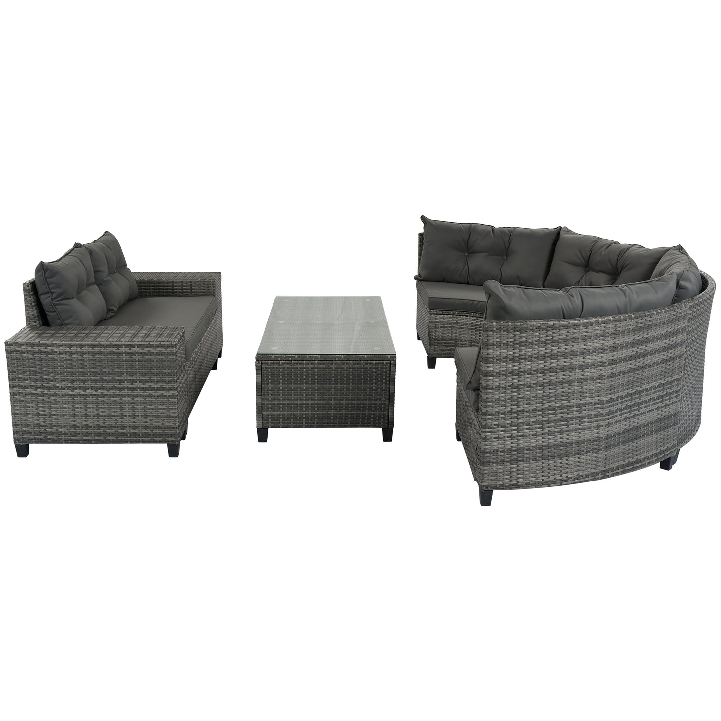 <Old SKU: FG201215AAE> 8-pieces Outdoor Wicker Round Sofa Set, Half-Moon Sectional Sets All Weather, Curved Sofa Set With Rectangular Coffee Table, PE Rattan, Movable Cushion, Gray image 12