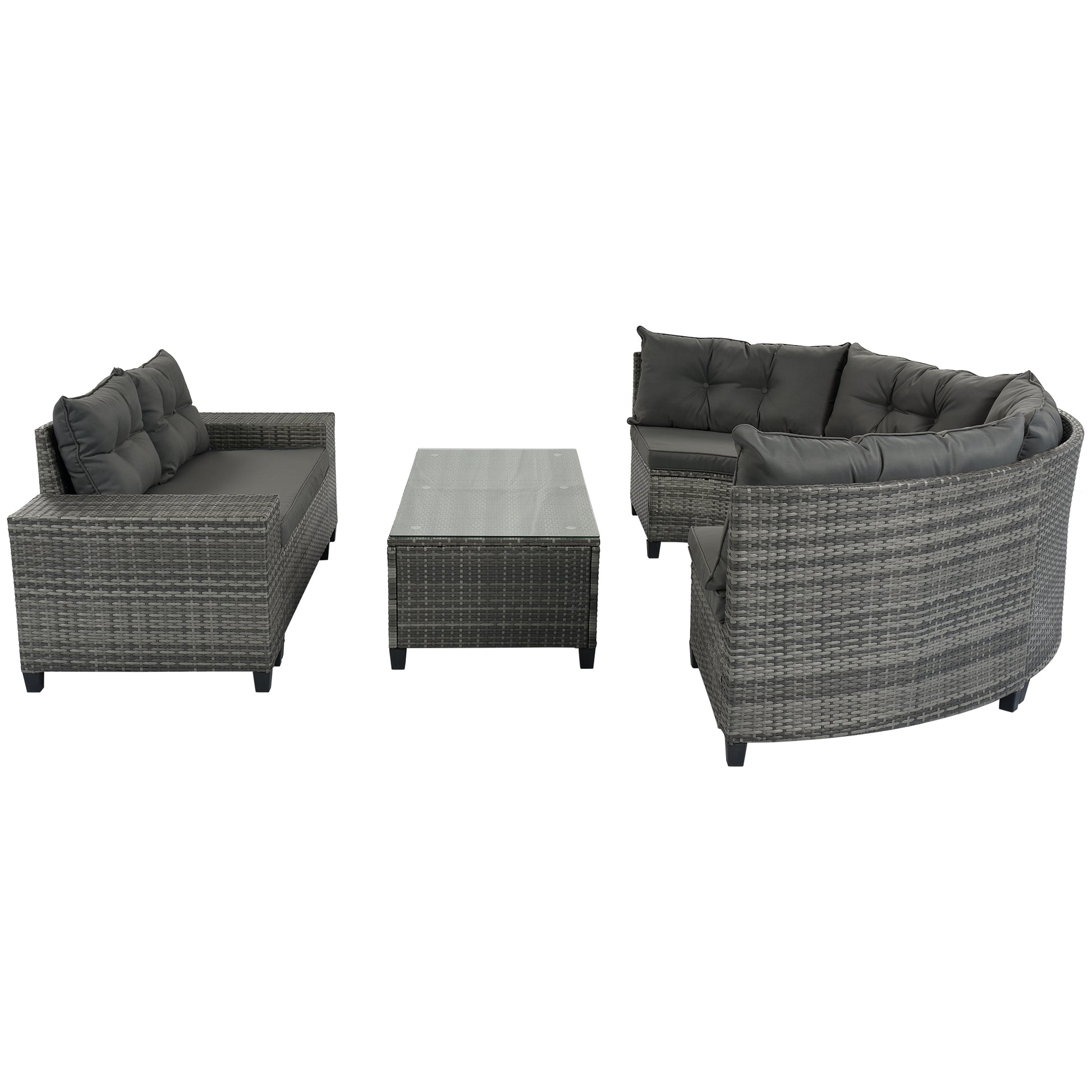 <Old SKU: FG201215AAE> 8-pieces Outdoor Wicker Round Sofa Set, Half-Moon Sectional Sets All Weather, Curved Sofa Set With Rectangular Coffee Table, PE Rattan, Movable Cushion, Gray image 12