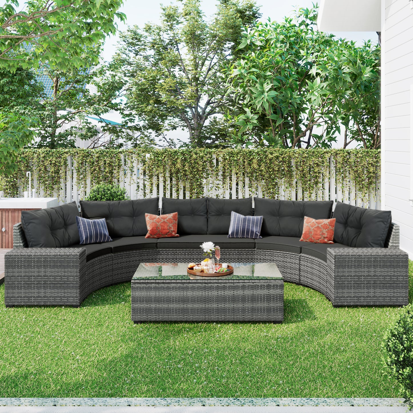 <Old SKU: FG201215AAE> 8-pieces Outdoor Wicker Round Sofa Set, Half-Moon Sectional Sets All Weather, Curved Sofa Set With Rectangular Coffee Table, PE Rattan, Movable Cushion, Gray image 2