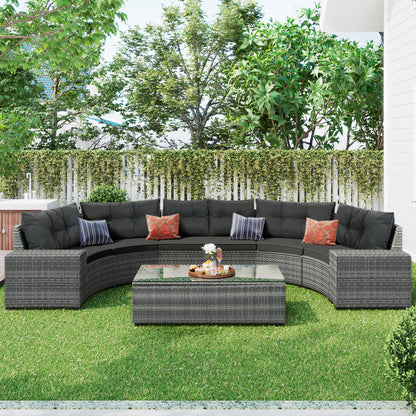 <Old SKU: FG201215AAE> 8-pieces Outdoor Wicker Round Sofa Set, Half-Moon Sectional Sets All Weather, Curved Sofa Set With Rectangular Coffee Table, PE Rattan, Movable Cushion, Gray image 2
