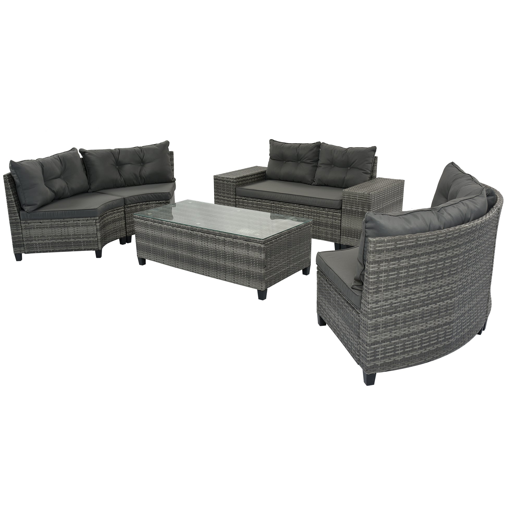 <Old SKU: FG201215AAE> 8-pieces Outdoor Wicker Round Sofa Set, Half-Moon Sectional Sets All Weather, Curved Sofa Set With Rectangular Coffee Table, PE Rattan, Movable Cushion, Gray image 11