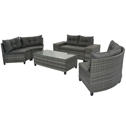 <Old SKU: FG201215AAE> 8-pieces Outdoor Wicker Round Sofa Set, Half-Moon Sectional Sets All Weather, Curved Sofa Set With Rectangular Coffee Table, PE Rattan, Movable Cushion, Gray image 11