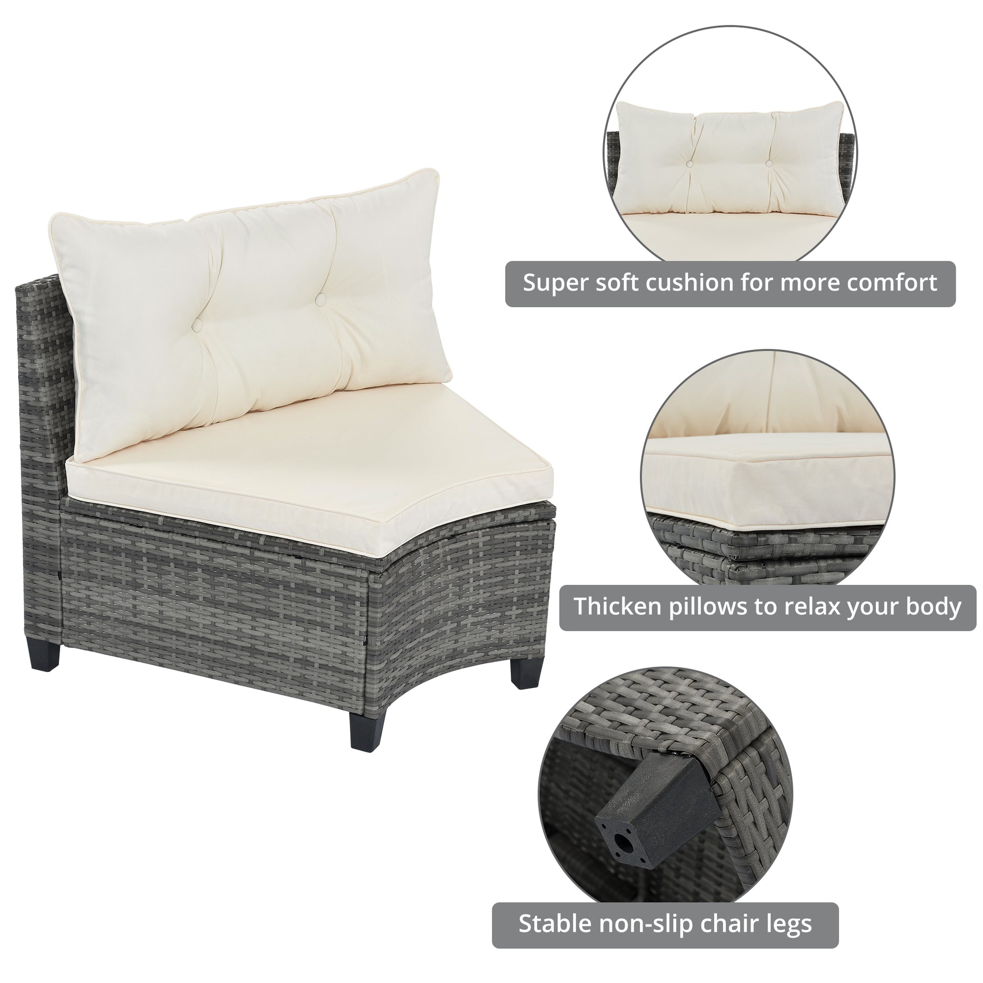 <Old SKU: FG201215AAA> 8-pieces Outdoor Wicker Round Sofa Set, Half-Moon Sectional Sets All Weather, Curved Sofa Set With Rectangular Coffee Table, PE Rattan, Movable Cushion, Beige image 5