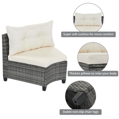 <Old SKU: FG201215AAA> 8-pieces Outdoor Wicker Round Sofa Set, Half-Moon Sectional Sets All Weather, Curved Sofa Set With Rectangular Coffee Table, PE Rattan, Movable Cushion, Beige image 5
