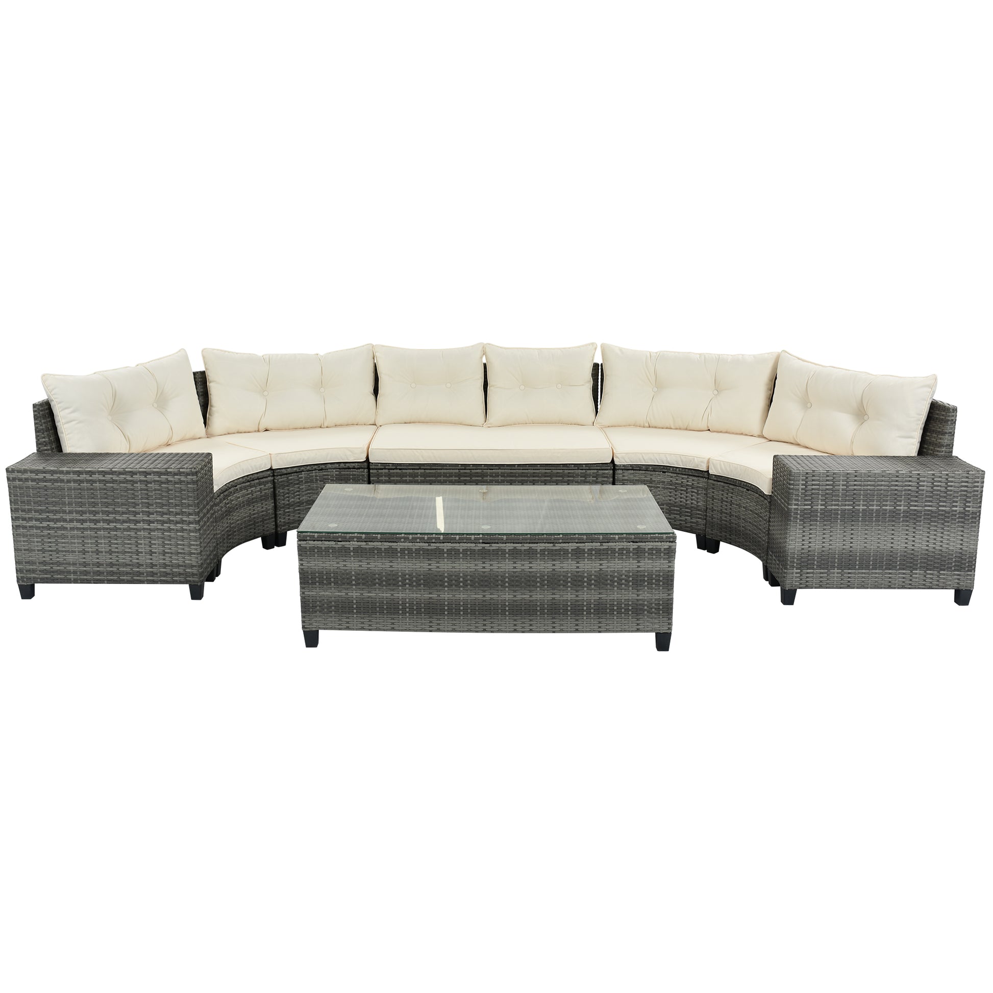 <Old SKU: FG201215AAA> 8-pieces Outdoor Wicker Round Sofa Set, Half-Moon Sectional Sets All Weather, Curved Sofa Set With Rectangular Coffee Table, PE Rattan, Movable Cushion, Beige image 9