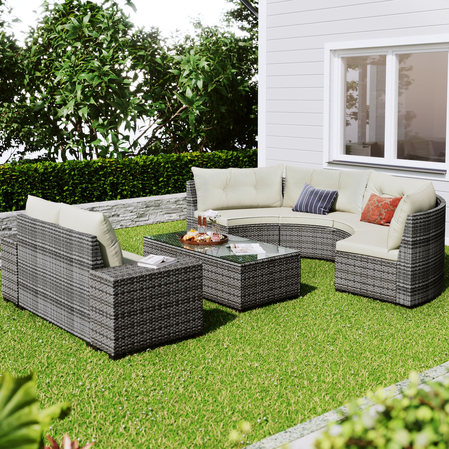 <Old SKU: FG201215AAA> 8-pieces Outdoor Wicker Round Sofa Set, Half-Moon Sectional Sets All Weather, Curved Sofa Set With Rectangular Coffee Table, PE Rattan, Movable Cushion, Beige image 4
