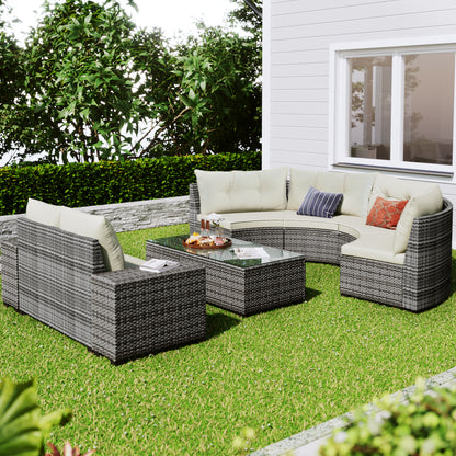 <Old SKU: FG201215AAA> 8-pieces Outdoor Wicker Round Sofa Set, Half-Moon Sectional Sets All Weather, Curved Sofa Set With Rectangular Coffee Table, PE Rattan, Movable Cushion, Beige image 4
