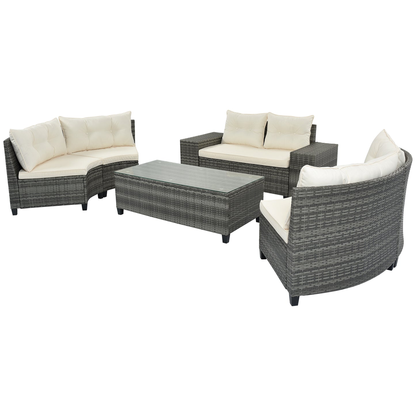 <Old SKU: FG201215AAA> 8-pieces Outdoor Wicker Round Sofa Set, Half-Moon Sectional Sets All Weather, Curved Sofa Set With Rectangular Coffee Table, PE Rattan, Movable Cushion, Beige image 12