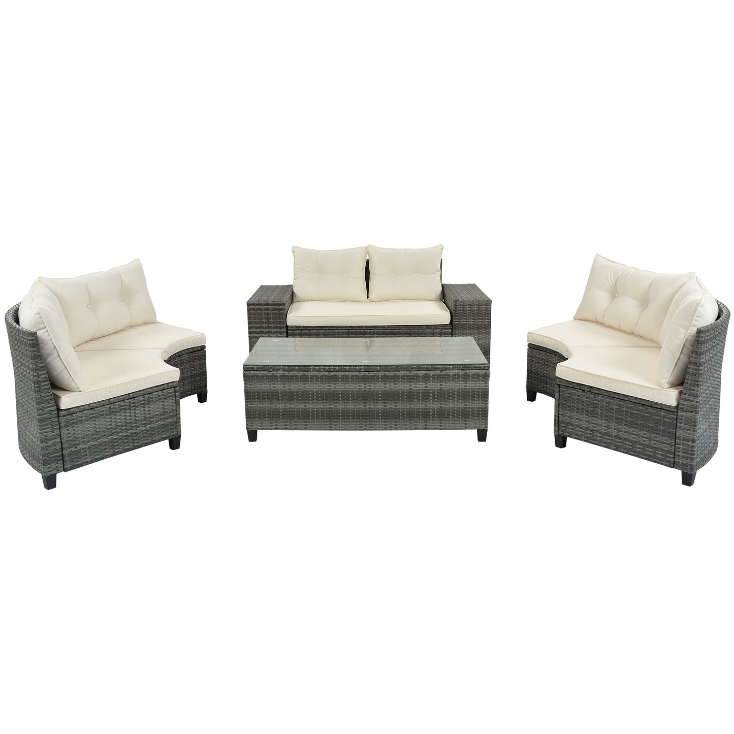 <Old SKU: FG201215AAA> 8-pieces Outdoor Wicker Round Sofa Set, Half-Moon Sectional Sets All Weather, Curved Sofa Set With Rectangular Coffee Table, PE Rattan, Movable Cushion, Beige image 11