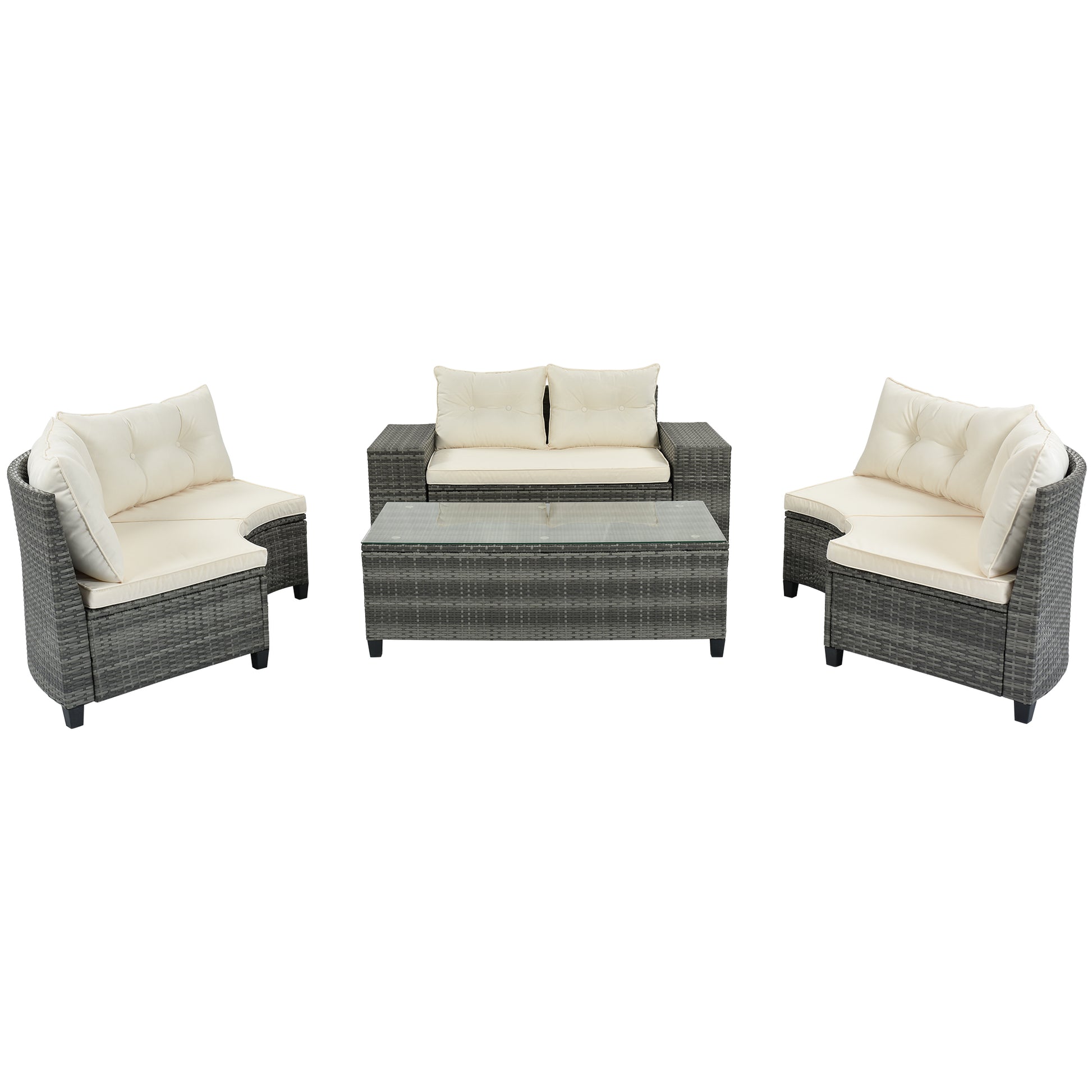 <Old SKU: FG201215AAA> 8-pieces Outdoor Wicker Round Sofa Set, Half-Moon Sectional Sets All Weather, Curved Sofa Set With Rectangular Coffee Table, PE Rattan, Movable Cushion, Beige image 11