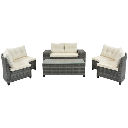 <Old SKU: FG201215AAA> 8-pieces Outdoor Wicker Round Sofa Set, Half-Moon Sectional Sets All Weather, Curved Sofa Set With Rectangular Coffee Table, PE Rattan, Movable Cushion, Beige image 11