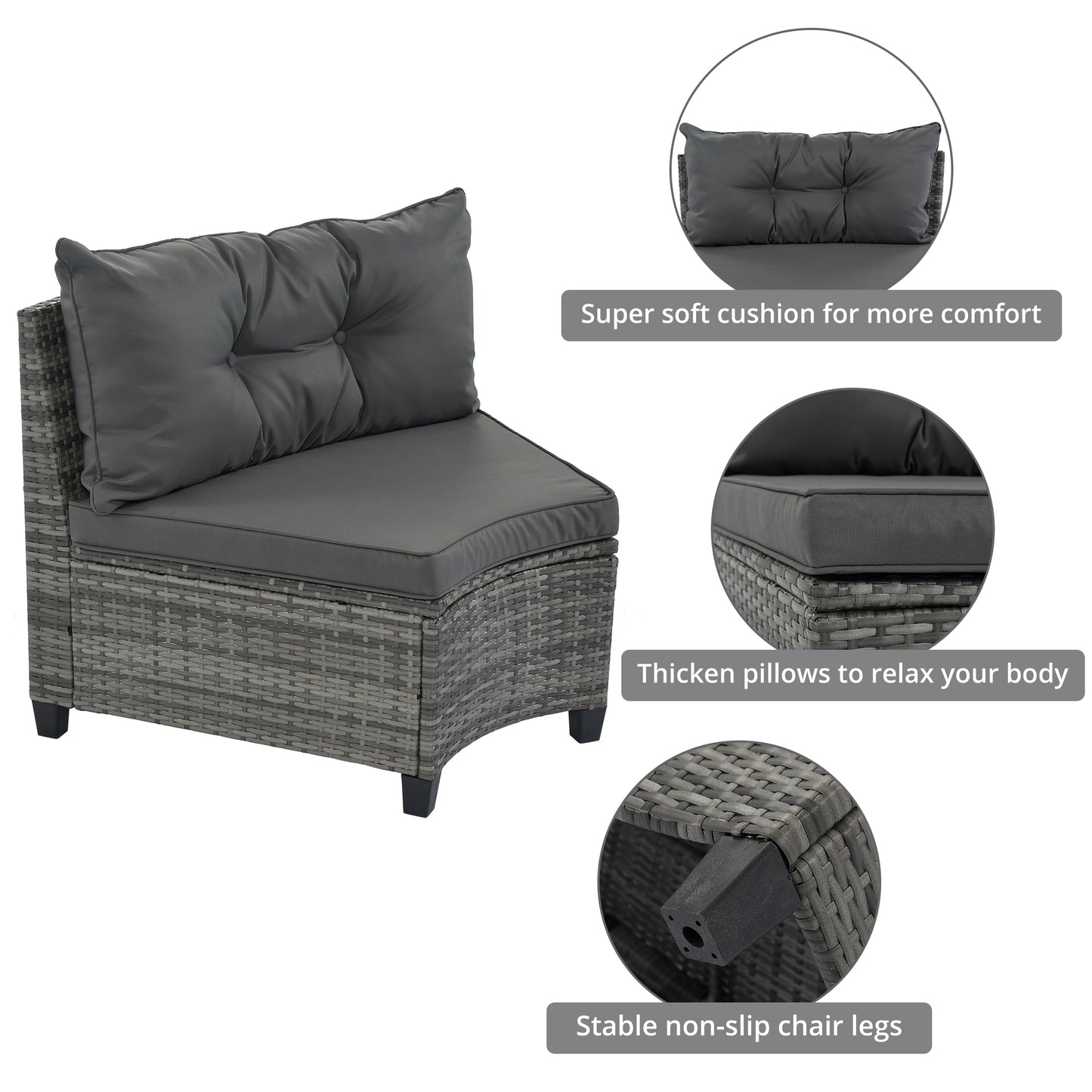 <Old SKU: FG201215AAE> 8-pieces Outdoor Wicker Round Sofa Set, Half-Moon Sectional Sets All Weather, Curved Sofa Set With Rectangular Coffee Table, PE Rattan, Movable Cushion, Gray image 4