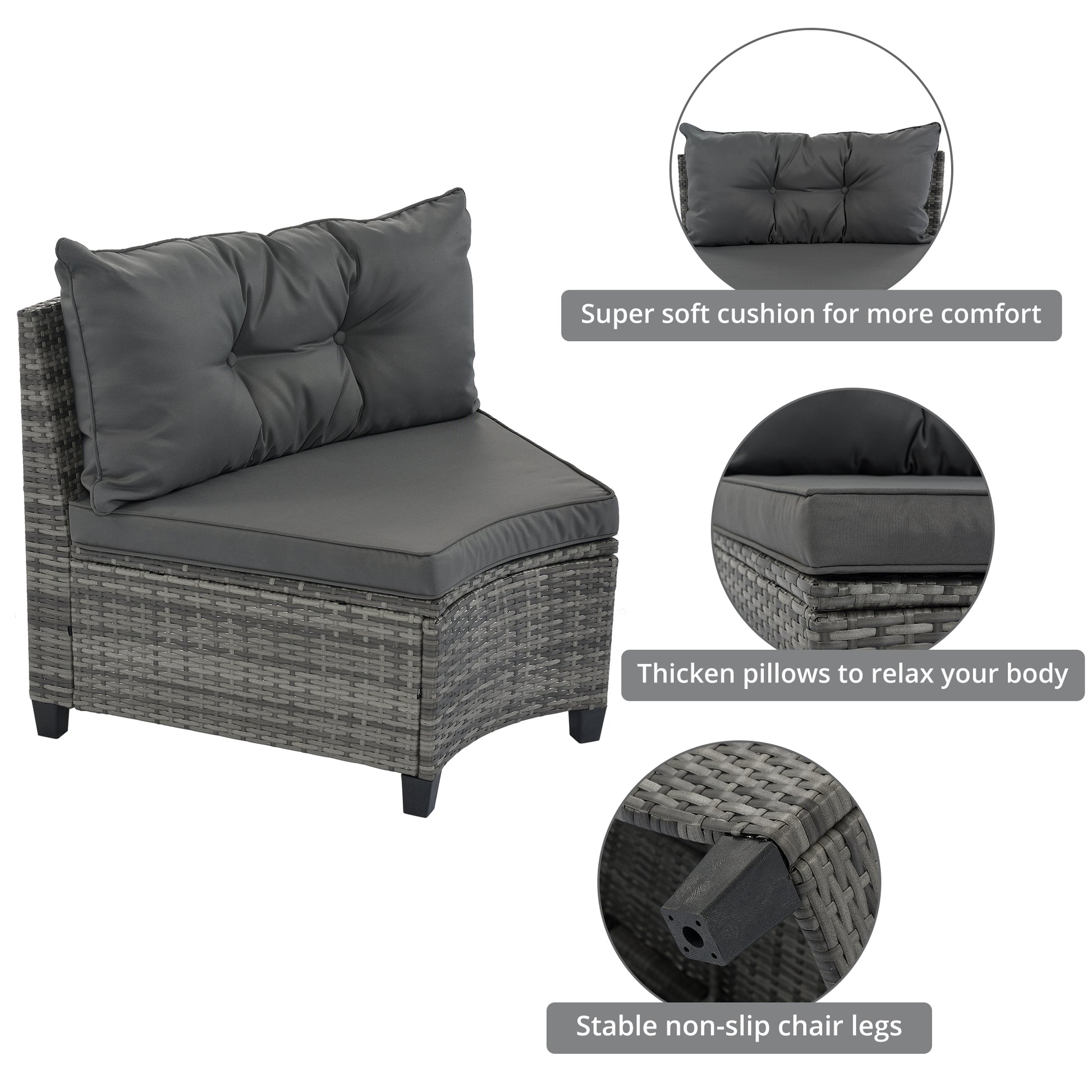 <Old SKU: FG201215AAE> 8-pieces Outdoor Wicker Round Sofa Set, Half-Moon Sectional Sets All Weather, Curved Sofa Set With Rectangular Coffee Table, PE Rattan, Movable Cushion, Gray image 4