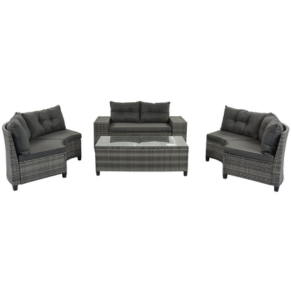 <Old SKU: FG201215AAE> 8-pieces Outdoor Wicker Round Sofa Set, Half-Moon Sectional Sets All Weather, Curved Sofa Set With Rectangular Coffee Table, PE Rattan, Movable Cushion, Gray image 10