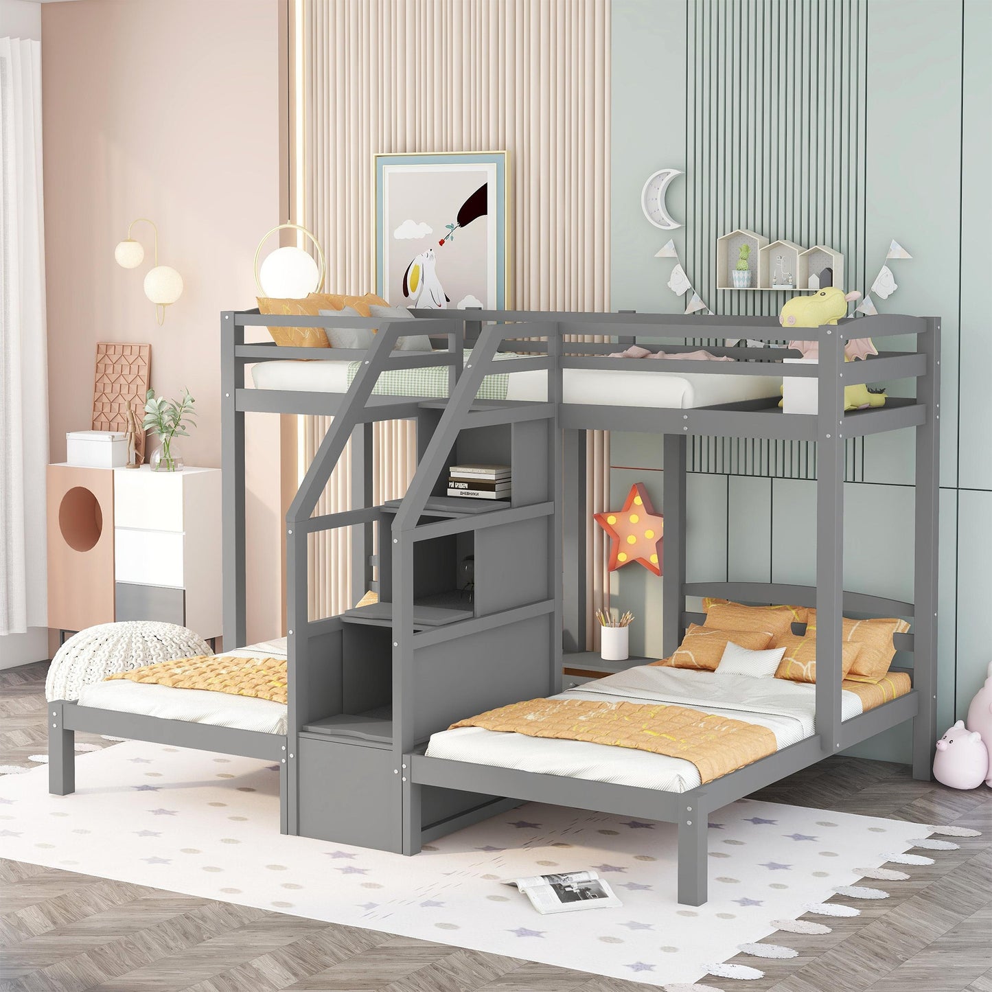 Twin over Twin & Twin Bunk Bed with Built-in Staircase and Storage Drawer,Gray image 4