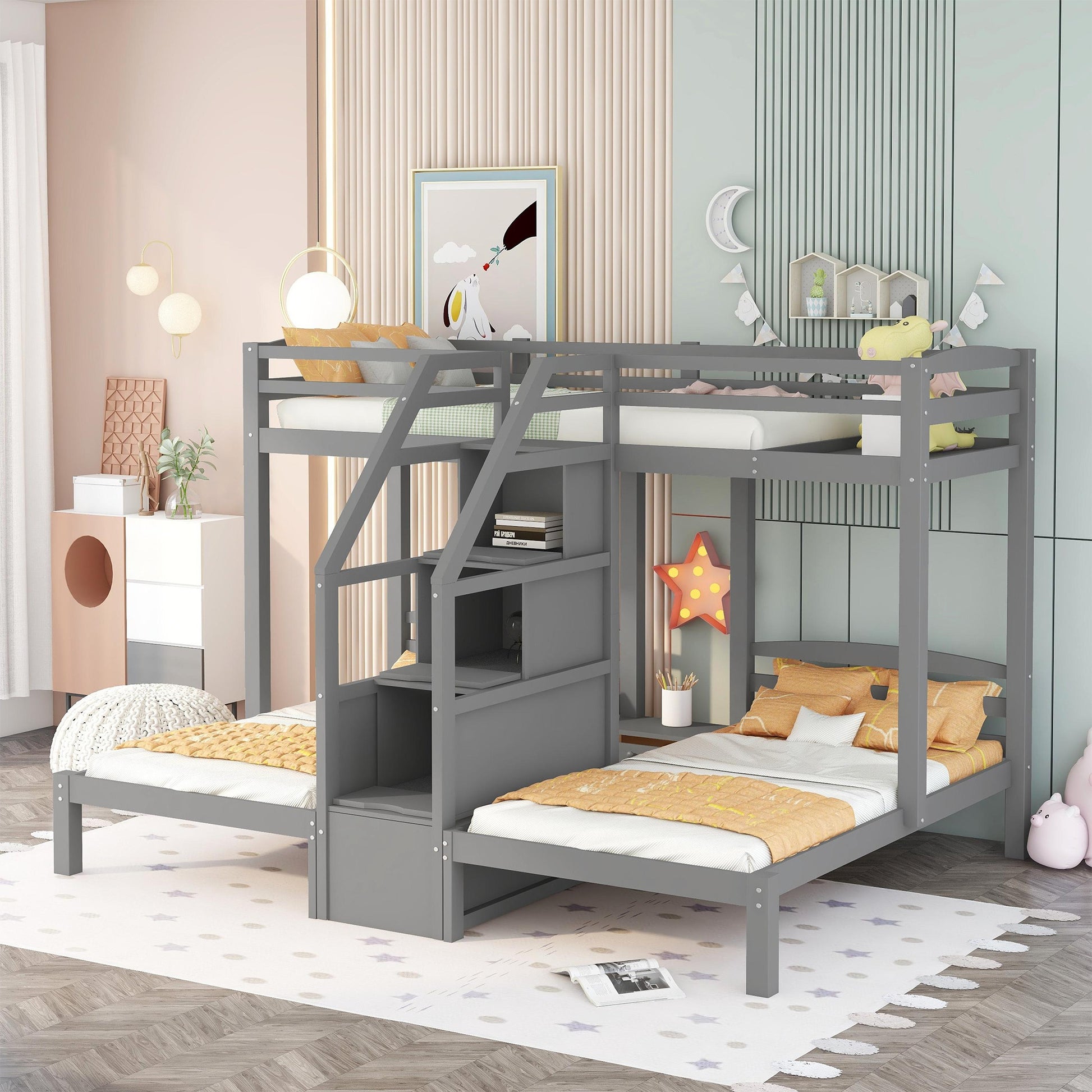 Twin over Twin & Twin Bunk Bed with Built-in Staircase and Storage Drawer,Gray image 4