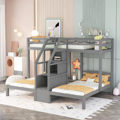 Twin over Twin & Twin Bunk Bed with Built-in Staircase and Storage Drawer,Gray image 4