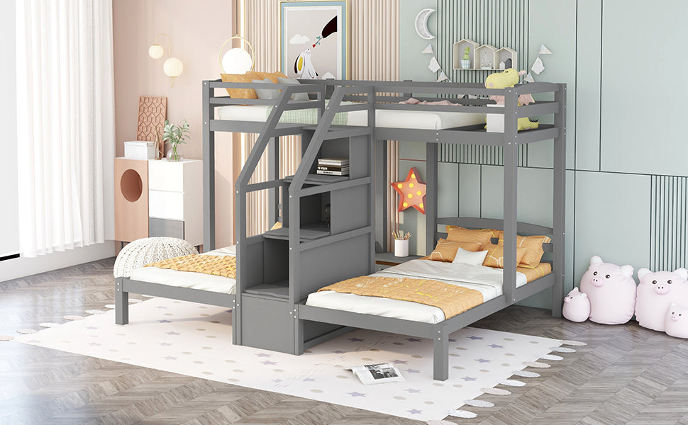 Twin over Twin & Twin Bunk Bed with Built-in Staircase and Storage Drawer,Gray image 5