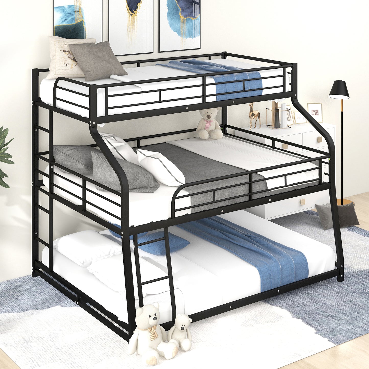 Twin XL/Full XL/Queen Triple Bunk Bed with Long and Short Ladder and Full-Length Guardrails,Black image 1